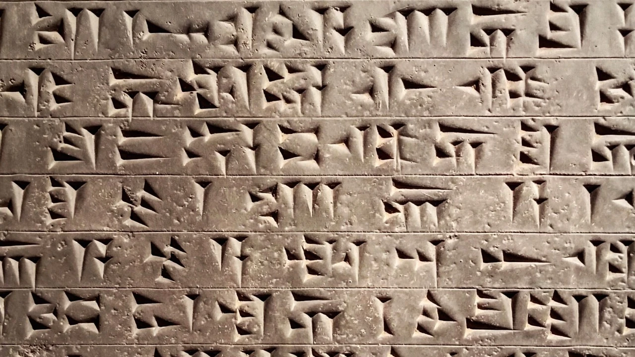 Gros plan d'une inscription en écriture cunéiforme gravée dans la pierre