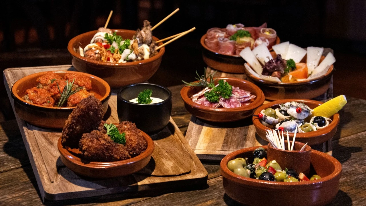 Earthenware dishes of tapas on wooden boards: croquettes, meatballs, cured meats, cheese and olives