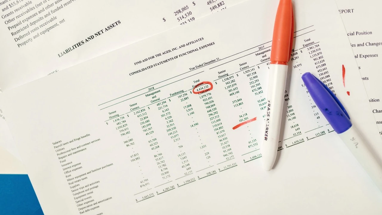 A printed financial report with figures circled in red, an orange marker and a blue pen lying across it